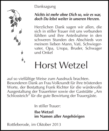 Traueranzeige von Horst Wetzel von Mitteldeutsche Zeitung Sangerhausen