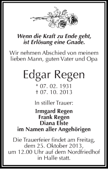 Traueranzeige von Edgar Regen von Mitteldeutsche Zeitung Halle/Saalkreis