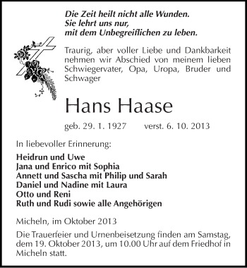 Traueranzeige von Hans Haase von Mitteldeutsche Zeitung Köthen