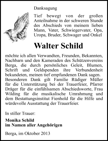 Traueranzeige von Walter Schild von Mitteldeutsche Zeitung Sangerhausen