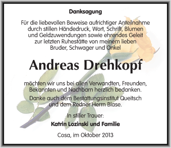 Traueranzeige von Andreas Drehkopf von Mitteldeutsche Zeitung Köthen
