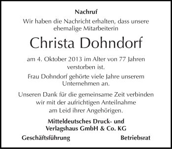 Traueranzeige von Christa Dohndorf von Mitteldeutsche Zeitung Halle/Saalkreis