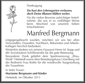 Traueranzeige von Manfred Bergmann von Mitteldeutsche Zeitung Mansfelder Land