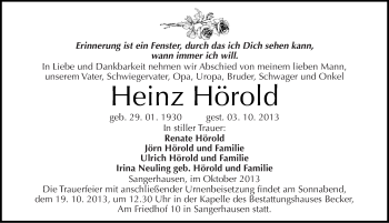 Traueranzeige von Heinz Hörold von Mitteldeutsche Zeitung Sangerhausen