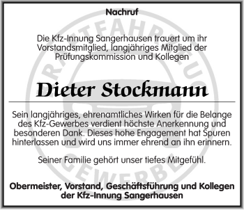 Traueranzeige von Dieter Stockmann von Mitteldeutsche Zeitung Sangerhausen