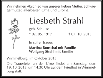 Traueranzeige von Liesbeht Strahl von Mitteldeutsche Zeitung Mansfelder Land