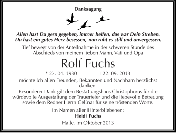 Traueranzeige von Rolf Fuchs von Mitteldeutsche Zeitung Halle/Saalkreis
