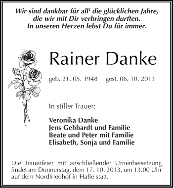 Traueranzeige von Rainer Danke von Mitteldeutsche Zeitung Halle/Saalkreis