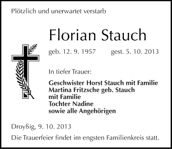 Traueranzeige von Florian Stauch von Mitteldeutsche Zeitung Zeitz