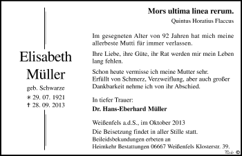 Traueranzeige von Elisabeth Müller von Mitteldeutsche Zeitung Weißenfels