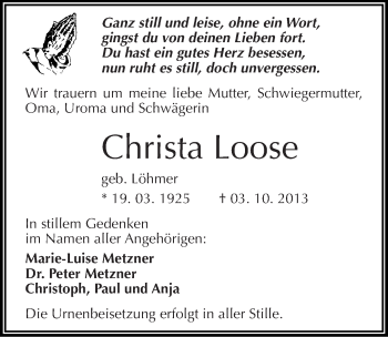 Traueranzeige von Christa Loose von Mitteldeutsche Zeitung Dessau-Roßlau