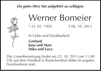Traueranzeige von Werner Bomeier von Mitteldeutsche Zeitung Halle/Saalkreis