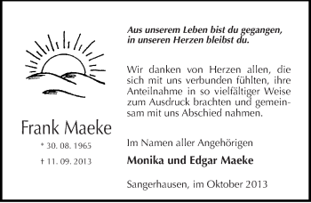 Traueranzeige von Frank Maeke von Mitteldeutsche Zeitung Sangerhausen