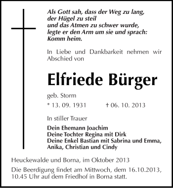 Traueranzeige von Elfriede Bürger von Mitteldeutsche Zeitung Zeitz