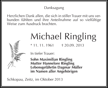 Traueranzeige von Michael Ringling von Mitteldeutsche Zeitung Merseburg/Querfurt