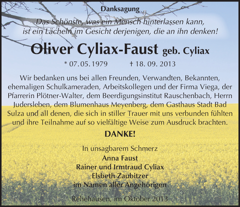  Traueranzeige für Oliver Cyliax-Faust vom 12.10.2013 aus Mitteldeutsche Zeitung Naumburg/Nebra