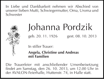 Traueranzeige von Johanna Pordzik von Mitteldeutsche Zeitung Halle/Saalkreis