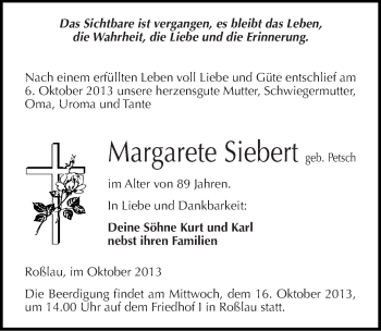 Traueranzeige von Margarete Siebert von Mitteldeutsche Zeitung Dessau-Roßlau