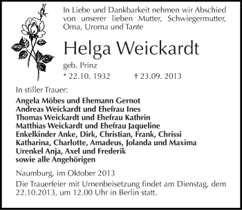 Traueranzeige von Helga Weickardt von Mitteldeutsche Zeitung Naumburg/Nebra