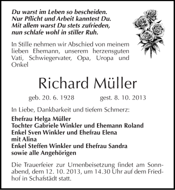 Traueranzeige von Richard Müller von Mitteldeutsche Zeitung Merseburg/Querfurt