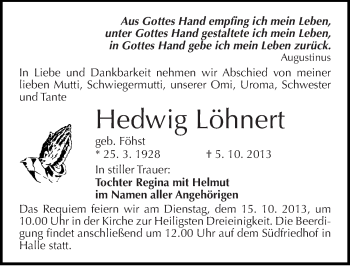 Traueranzeige von Hedwig Löhnert von Mitteldeutsche Zeitung Halle/Saalkreis