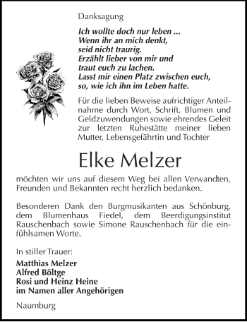 Traueranzeige von Elke Melzer von Mitteldeutsche Zeitung Naumburg/Nebra