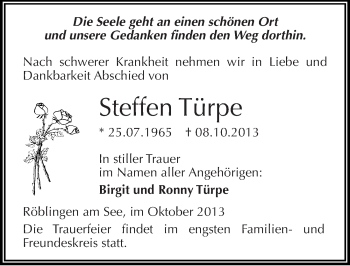 Traueranzeige von Steffen Türpe von Mitteldeutsche Zeitung Mansfelder Land