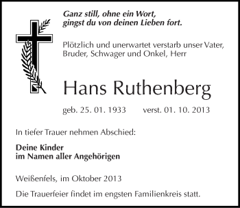 Traueranzeige von Hans Ruthenberg von Mitteldeutsche Zeitung Weißenfels