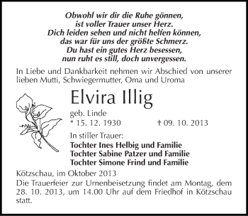 Traueranzeige von Elvira Illig von Mitteldeutsche Zeitung Merseburg/Querfurt