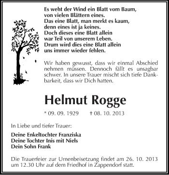 Traueranzeige von Helmut Rogge von Mitteldeutsche Zeitung Halle/Saalkreis