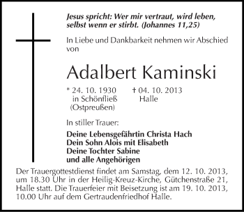 Traueranzeige von Adalbert Kaminski von Mitteldeutsche Zeitung Halle/Saalkreis