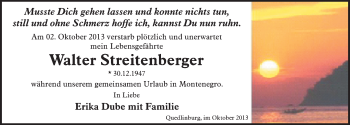 Traueranzeige von Walter Streitenberger von Mitteldeutsche Zeitung Quedlinburg