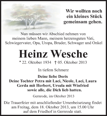 Traueranzeige von Heinz Wesche von Mitteldeutsche Zeitung Quedlinburg