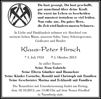 Traueranzeige von Klaus-Peter Hirsch von Mitteldeutsche Zeitung Naumburg/Nebra