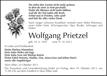 Traueranzeige von Wolfgang Prietzel von Mitteldeutsche Zeitung Köthen