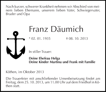Traueranzeige von Franz Däumich von Mitteldeutsche Zeitung Köthen