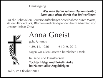 Traueranzeige von Anna Gneist von Mitteldeutsche Zeitung Halle/Saalkreis
