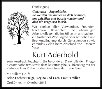 Traueranzeige von Kurt Aderhold von Mitteldeutsche Zeitung Mansfelder Land