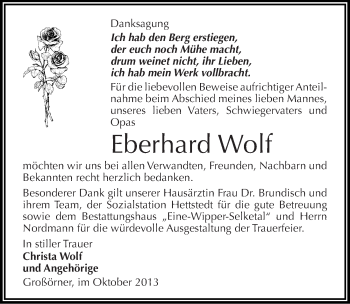 Traueranzeige von Eberhard Wolf von Mitteldeutsche Zeitung Mansfelder Land