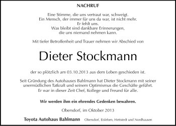 Traueranzeige von Dieter Stockmann von Mitteldeutsche Zeitung Aschersleben