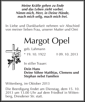 Traueranzeige von Margot Opel von Mitteldeutsche Zeitung Wittenberg