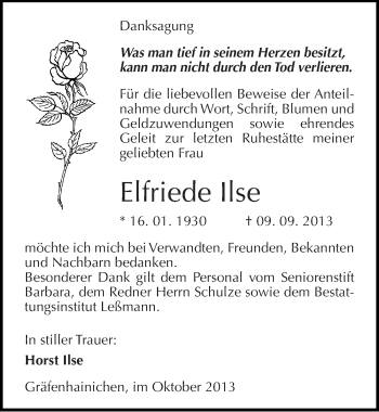 Traueranzeige von Elfriede Ilse von Mitteldeutsche Zeitung Wittenberg