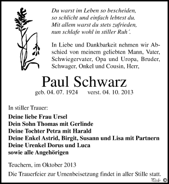 Traueranzeige von Paul Schwarz von Mitteldeutsche Zeitung Weißenfels