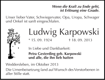 Traueranzeige von Ludwig Karpowski von Mitteldeutsche Zeitung Quedlinburg