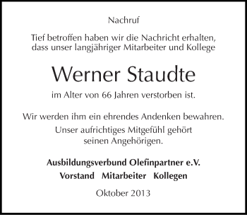 Traueranzeige von Werner Staudte von Mitteldeutsche Zeitung Merseburg/Querfurt