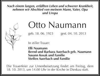 Traueranzeige von Otto Naumann von Mitteldeutsche Zeitung Halle/Saalkreis