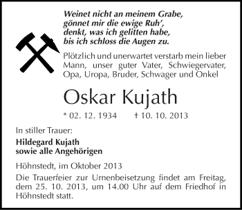 Traueranzeige von Oskar Kujah von Mitteldeutsche Zeitung Aschersleben
