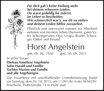 Traueranzeige von Horst Angelstein von Mitteldeutsche Zeitung Halle/Saalkreis