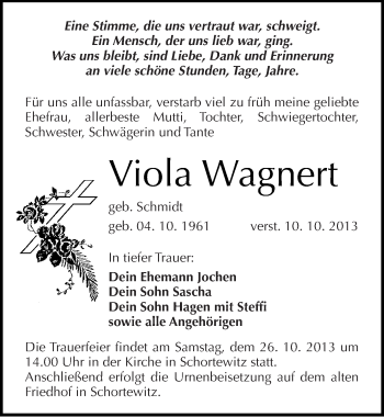 Traueranzeige von Viola Wagnert von Mitteldeutsche Zeitung Köthen
