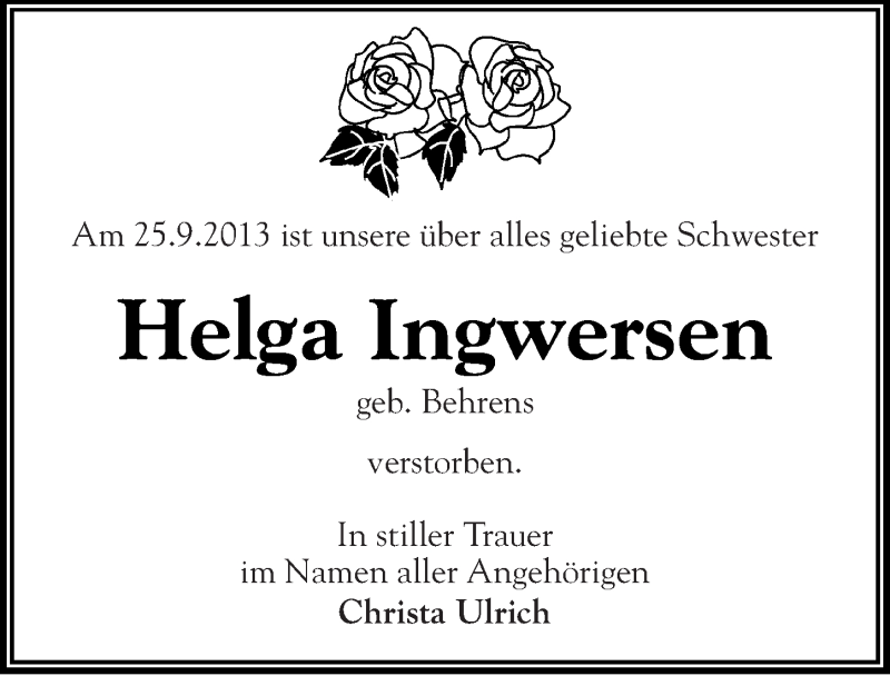 Traueranzeigen von Helga Ingwersen | www.abschied-nehmen.de